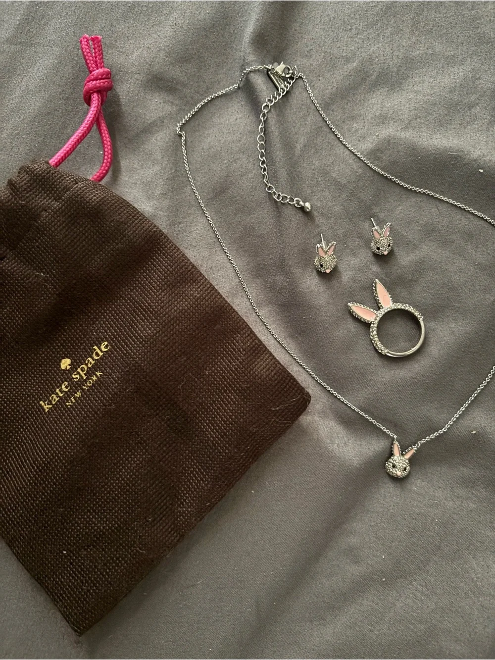 kate spade Silver and Pink Bunny Jewelry Set